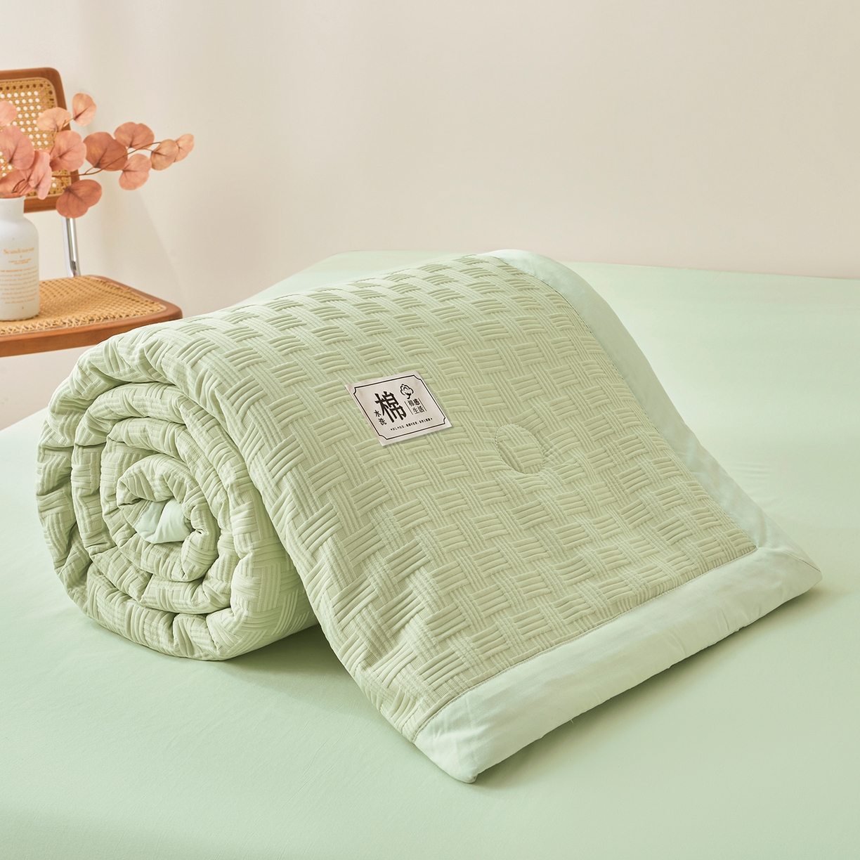 91家纺网 家纺一手货源 找家纺 好睡棉 2026新款华夫格双拼夏被夏凉被空调被新疆棉花被子 薄荷绿