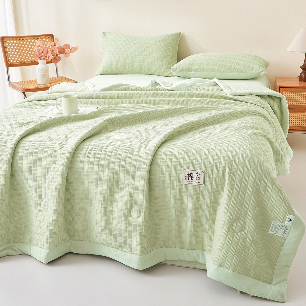 91家纺网 家纺一手货源 找家纺 好睡棉 2026新款华夫格双拼夏被夏凉被空调被新疆棉花被子 薄荷绿