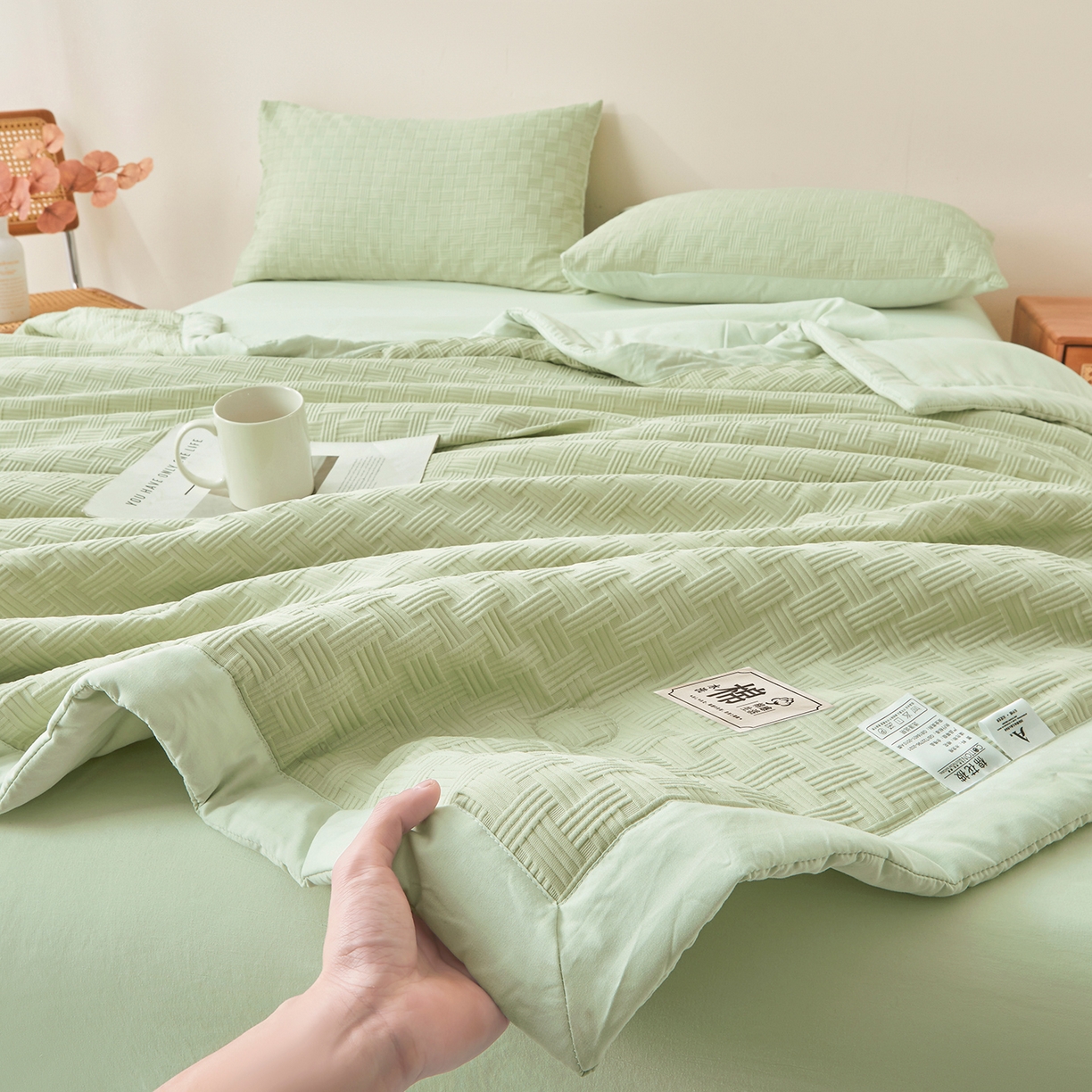 91家纺网 家纺一手货源 找家纺 好睡棉 2026新款华夫格双拼夏被夏凉被空调被新疆棉花被子 薄荷绿