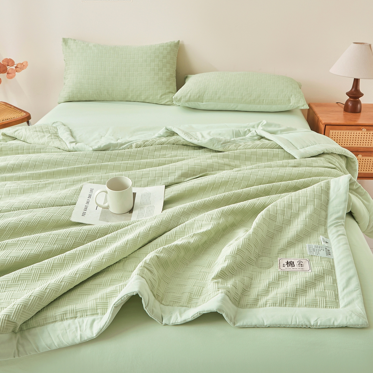91家纺网 家纺一手货源 找家纺 好睡棉 2026新款华夫格双拼夏被夏凉被空调被新疆棉花被子 薄荷绿