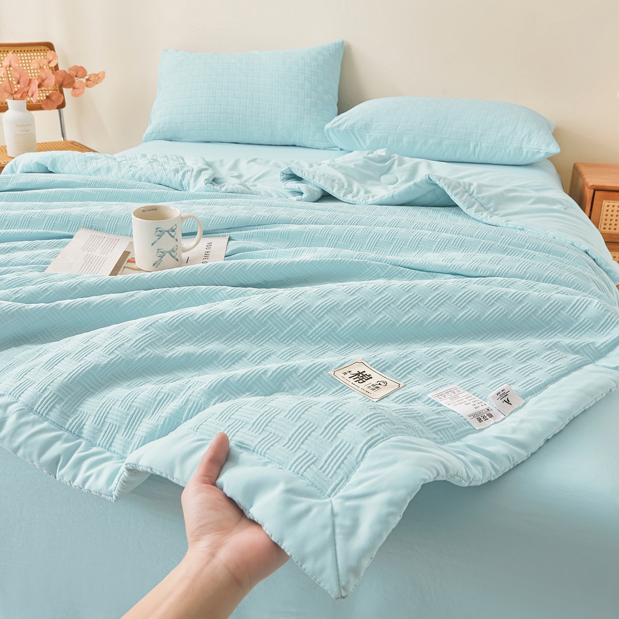 91家纺网 家纺一手货源 找家纺 好睡棉 2026新款华夫格双拼夏被夏凉被空调被新疆棉花被子 冰山蓝