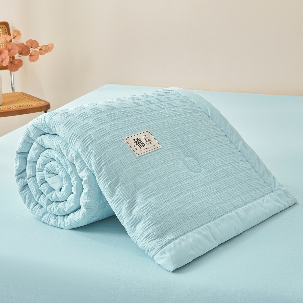 91家纺网 家纺一手货源 找家纺 好睡棉 2026新款华夫格双拼夏被夏凉被空调被新疆棉花被子 冰山蓝