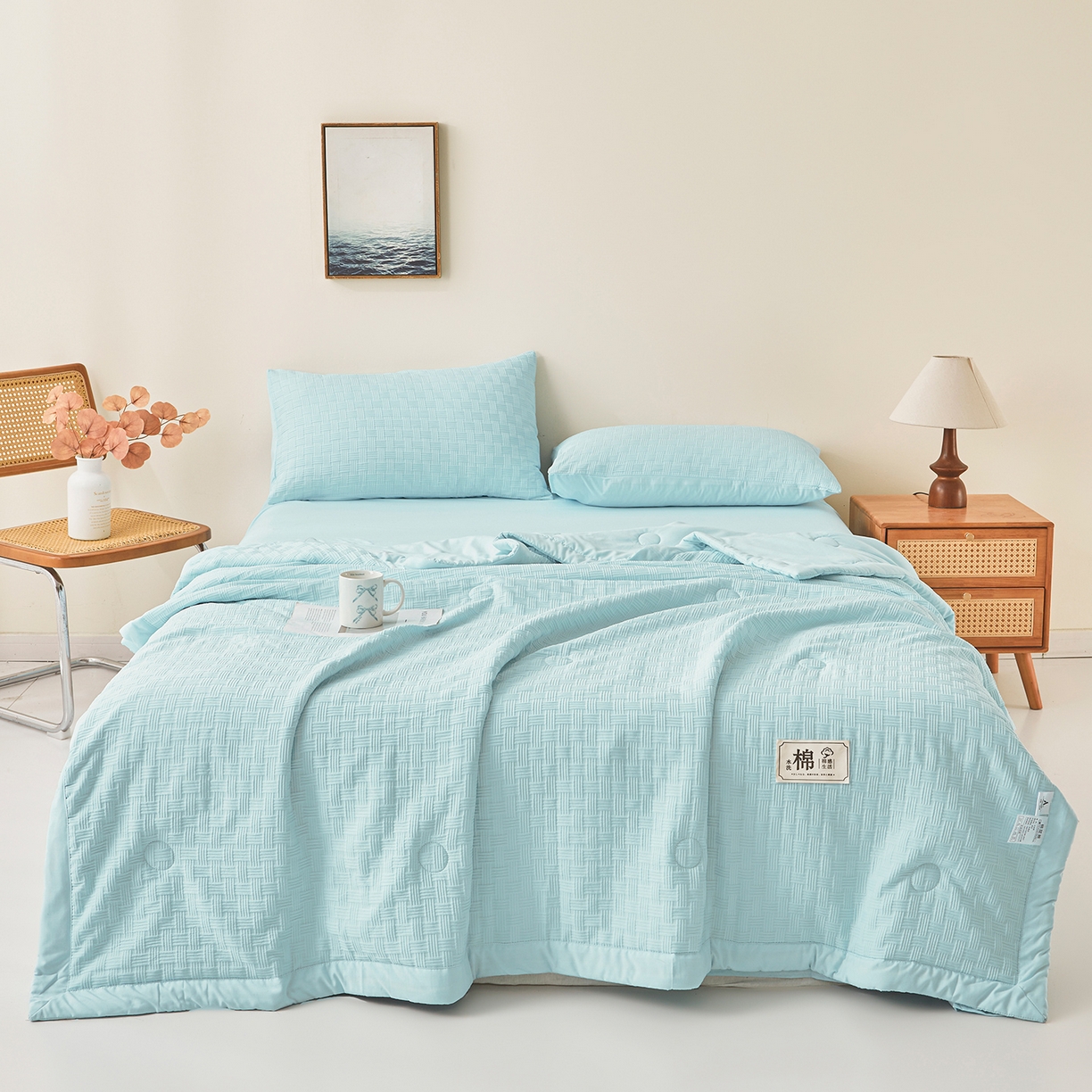 91家纺网 家纺一手货源 找家纺 好睡棉 2026新款华夫格双拼夏被夏凉被空调被新疆棉花被子 冰山蓝