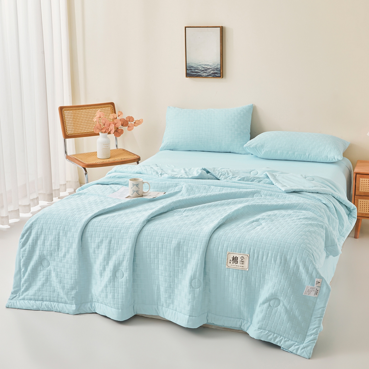 91家纺网 家纺一手货源 找家纺 好睡棉 2026新款华夫格双拼夏被夏凉被空调被新疆棉花被子 冰山蓝