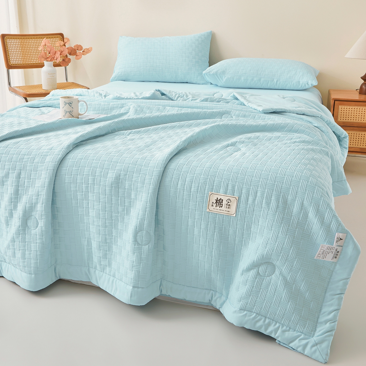 91家纺网 家纺一手货源 找家纺 好睡棉 2026新款华夫格双拼夏被夏凉被空调被新疆棉花被子 冰山蓝