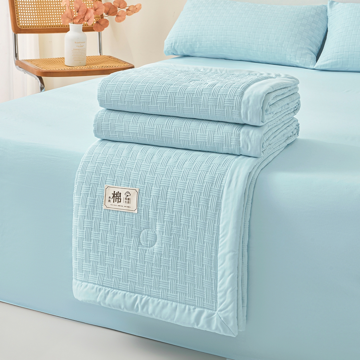 91家纺网 家纺一手货源 找家纺 好睡棉 2026新款华夫格双拼夏被夏凉被空调被新疆棉花被子 冰山蓝