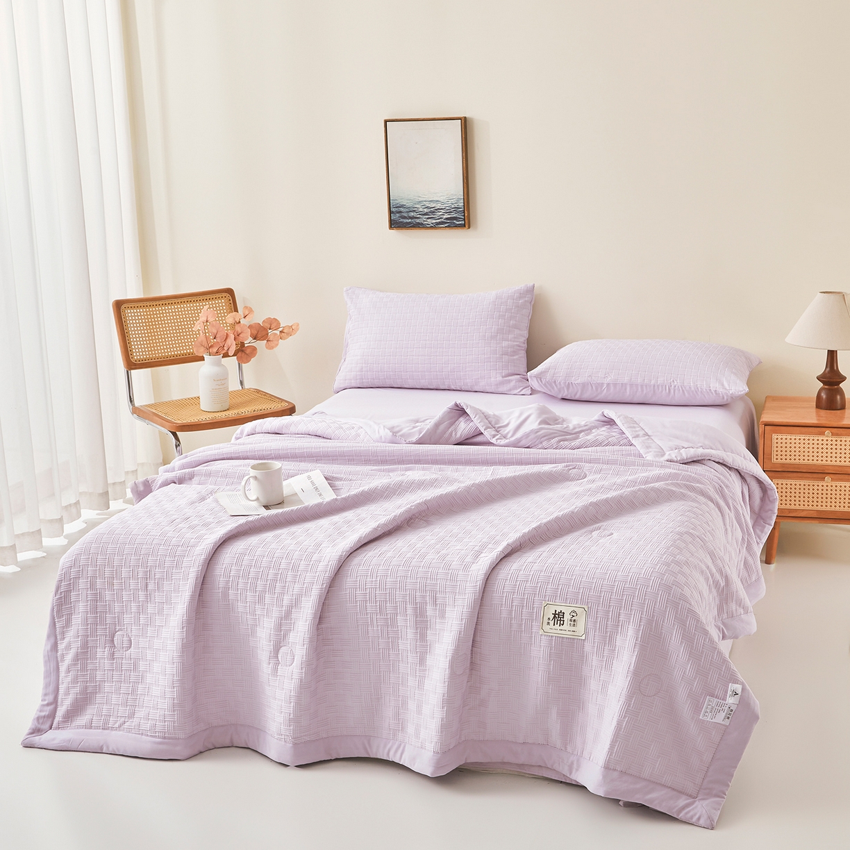 91家纺网 家纺一手货源 找家纺 好睡棉 2026新款华夫格双拼夏被夏凉被空调被新疆棉花被子 香芋紫