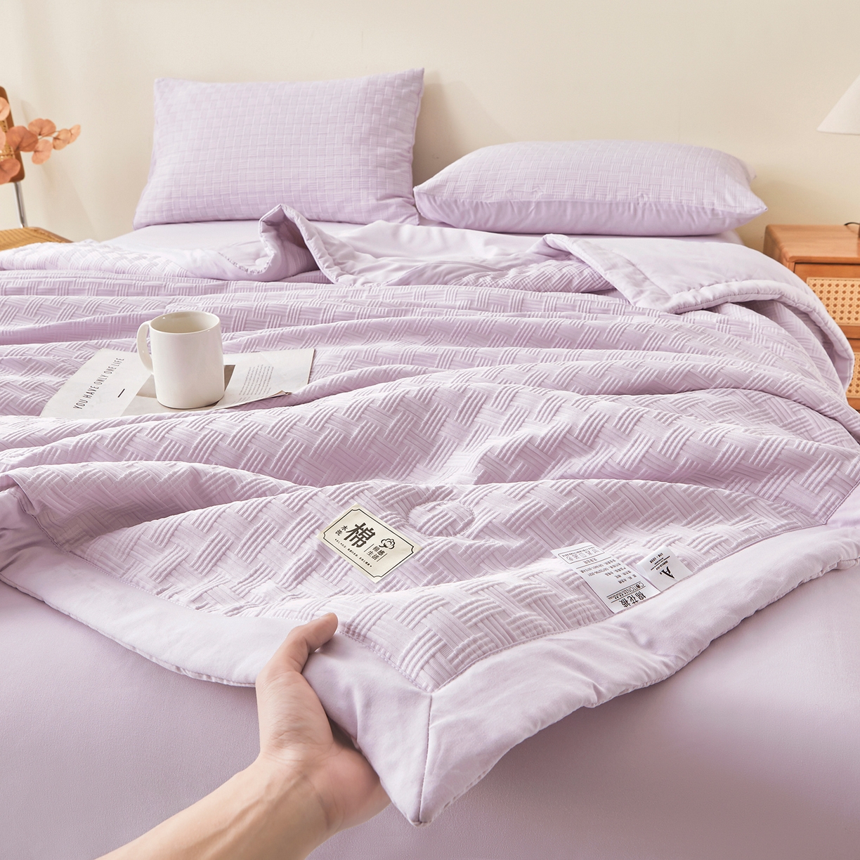 91家纺网 家纺一手货源 找家纺 好睡棉 2026新款华夫格双拼夏被夏凉被空调被新疆棉花被子 香芋紫