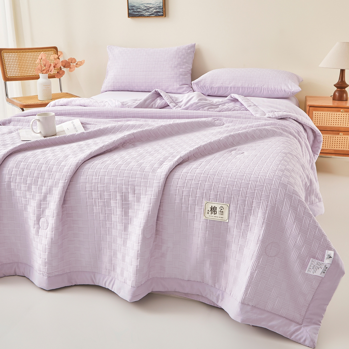 91家纺网 家纺一手货源 找家纺 好睡棉 2026新款华夫格双拼夏被夏凉被空调被新疆棉花被子 香芋紫