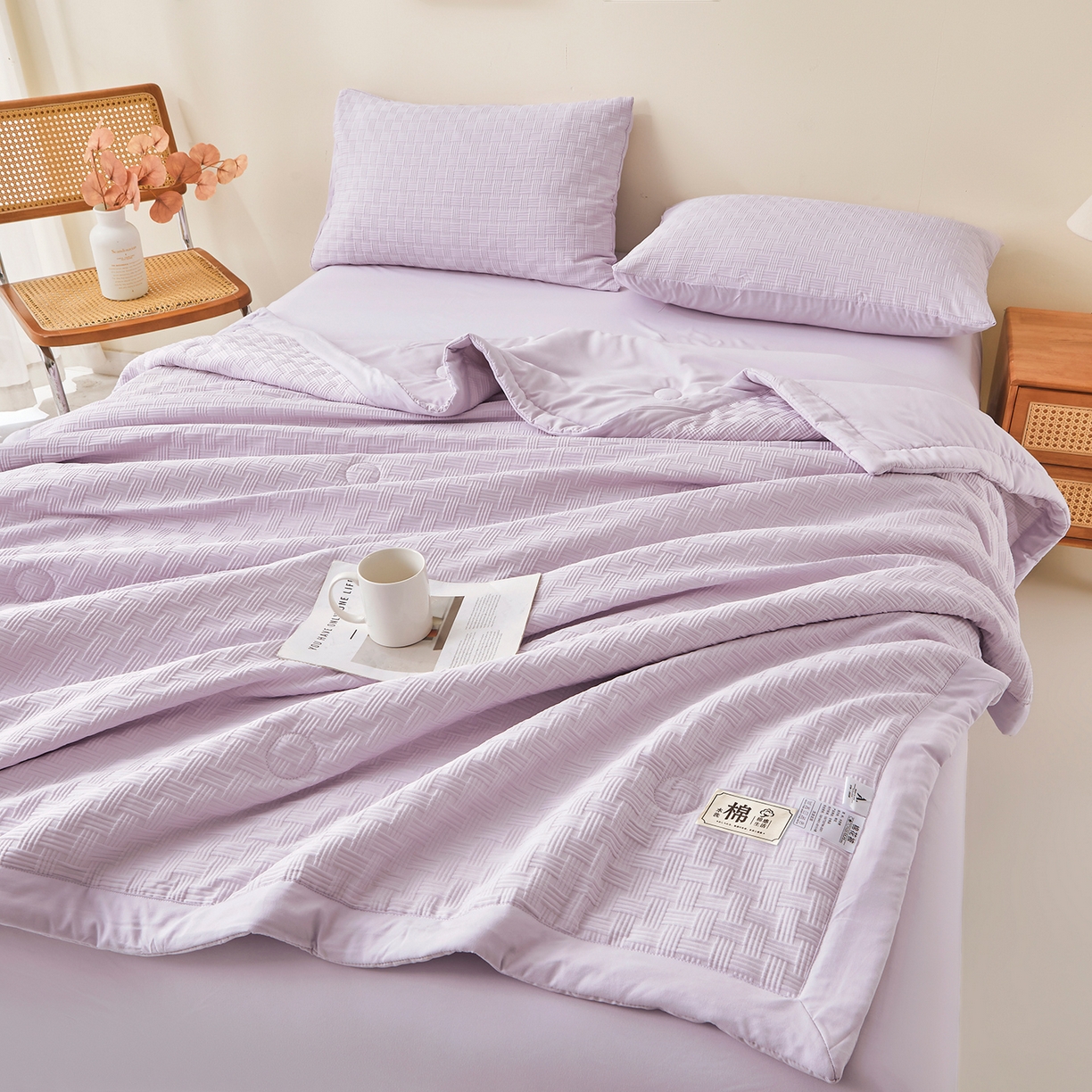 91家纺网 家纺一手货源 找家纺 好睡棉 2026新款华夫格双拼夏被夏凉被空调被新疆棉花被子 香芋紫