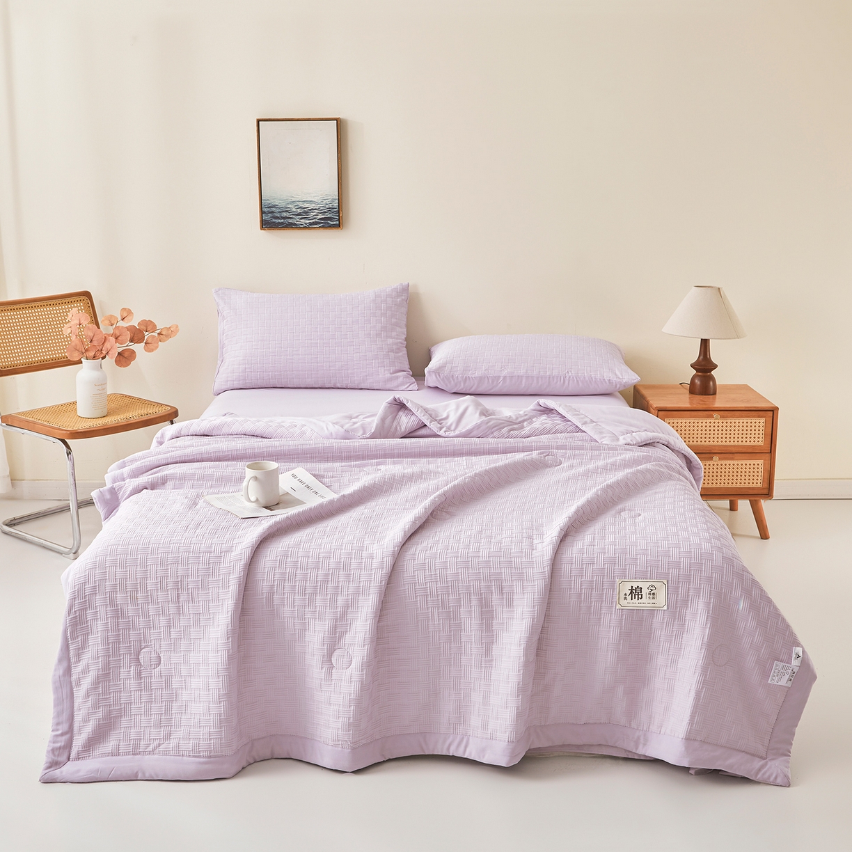 91家纺网 家纺一手货源 找家纺 好睡棉 2026新款华夫格双拼夏被夏凉被空调被新疆棉花被子 香芋紫