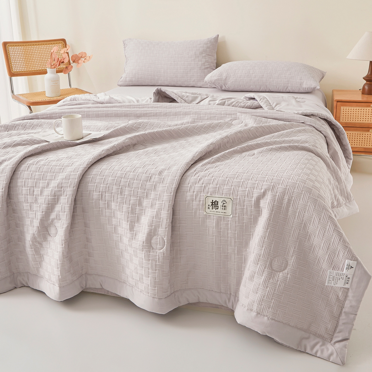 91家纺网 家纺一手货源 找家纺 好睡棉 2026新款华夫格双拼夏被夏凉被空调被新疆棉花被子 星月灰