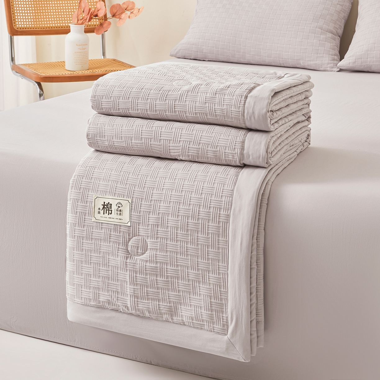 91家纺网 家纺一手货源 找家纺 好睡棉 2026新款华夫格双拼夏被夏凉被空调被新疆棉花被子 星月灰