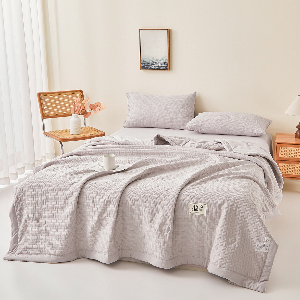 91家纺网 家纺一手货源 找家纺 好睡棉 2026新款华夫格双拼夏被夏凉被空调被新疆棉花被子 星月灰