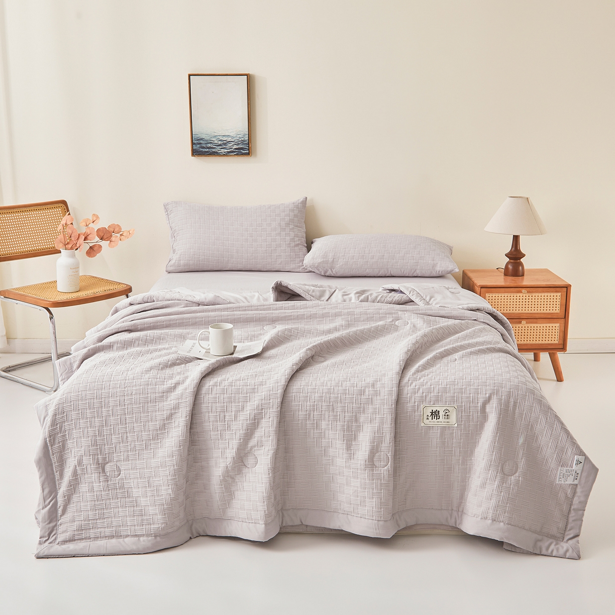 91家纺网 家纺一手货源 找家纺 好睡棉 2026新款华夫格双拼夏被夏凉被空调被新疆棉花被子 星月灰