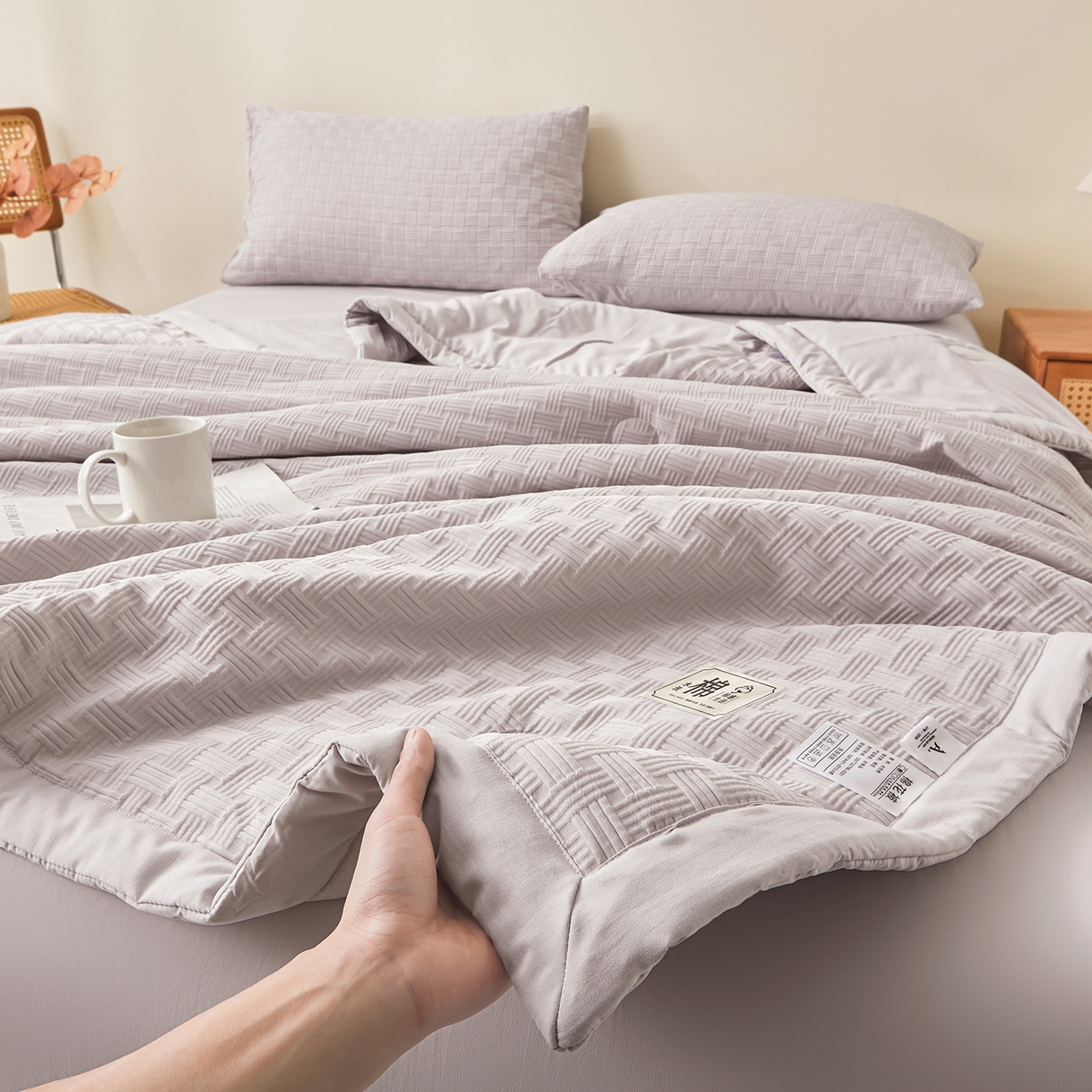 91家纺网 家纺一手货源 找家纺 好睡棉 2026新款华夫格双拼夏被夏凉被空调被新疆棉花被子 星月灰