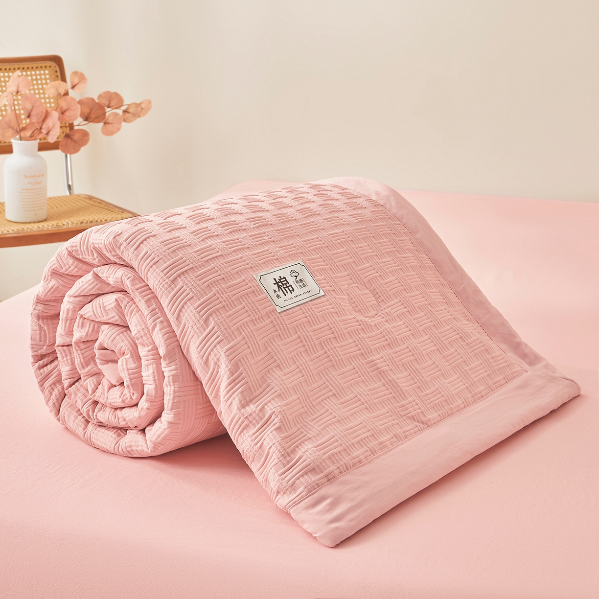91家纺网 家纺一手货源 找家纺 好睡棉 2026新款华夫格双拼夏被夏凉被空调被新疆棉花被子 樱花粉