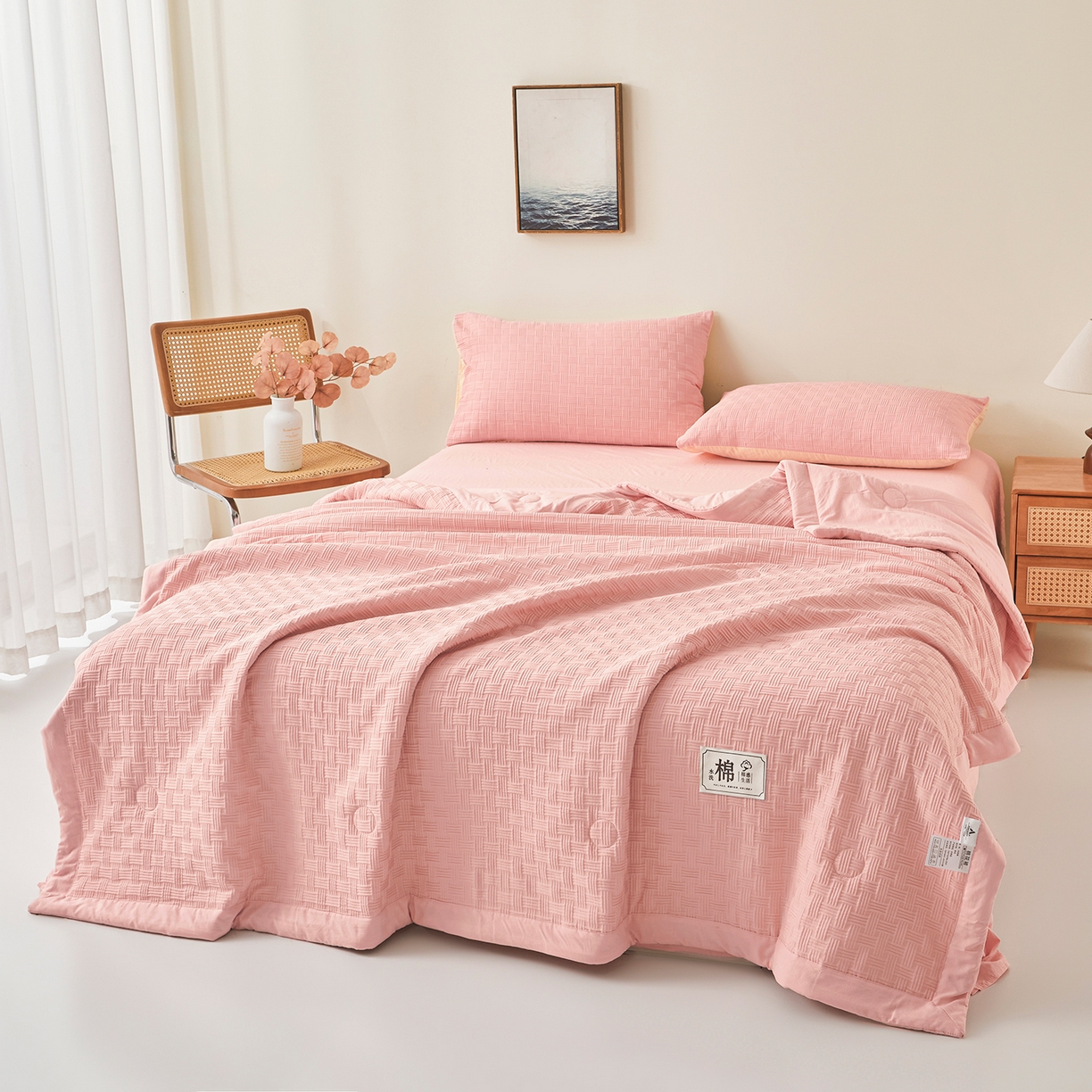 91家纺网 家纺一手货源 找家纺 好睡棉 2026新款华夫格双拼夏被夏凉被空调被新疆棉花被子 樱花粉