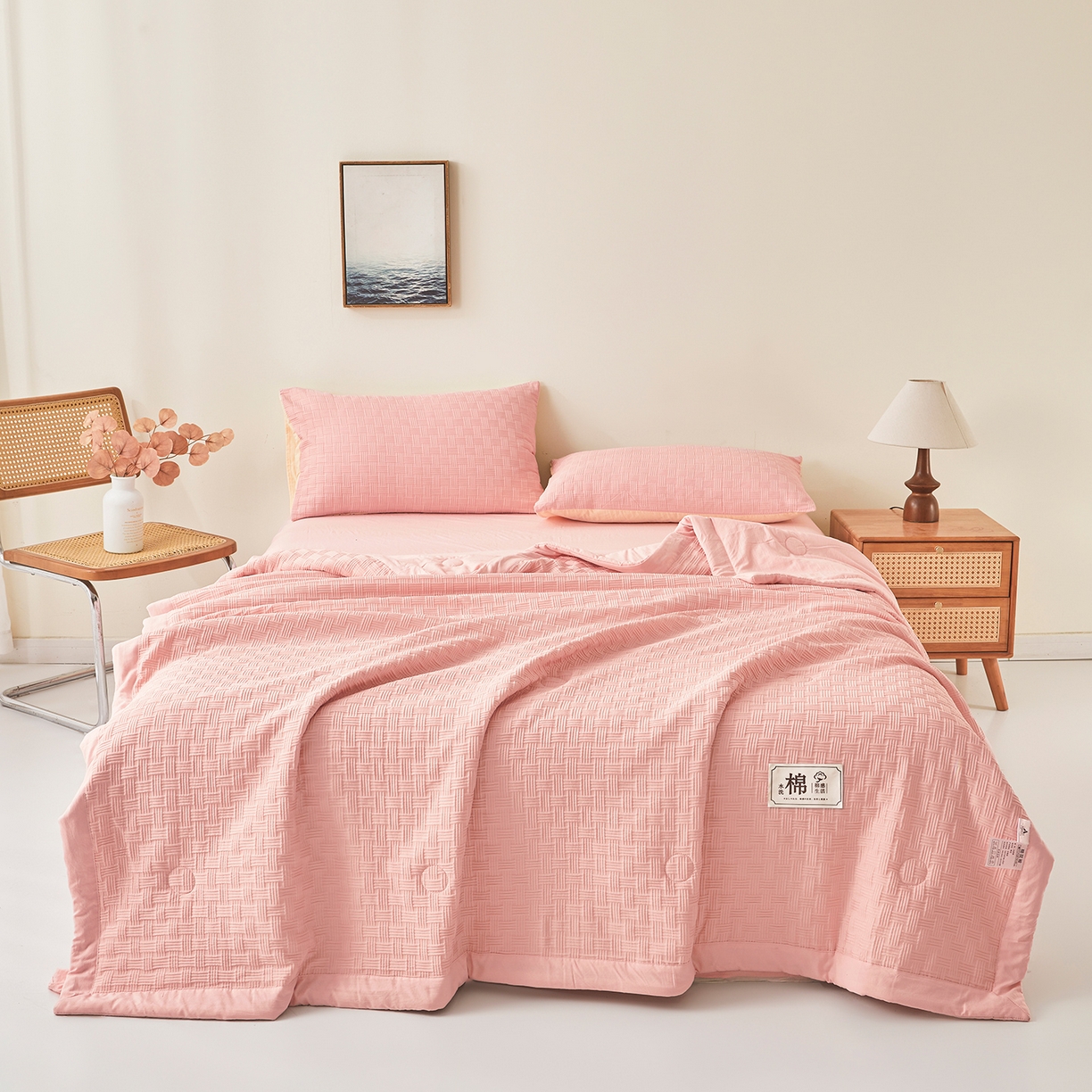 91家纺网 家纺一手货源 找家纺 好睡棉 2026新款华夫格双拼夏被夏凉被空调被新疆棉花被子 樱花粉