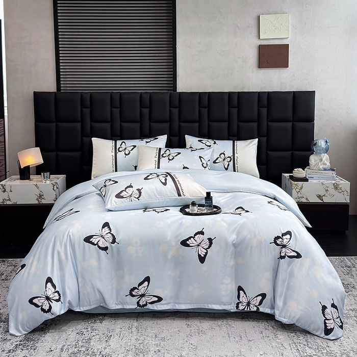 奥汀洛家纺 2026新款轻奢数码印花冰丝四件套 彩蝶天蓝