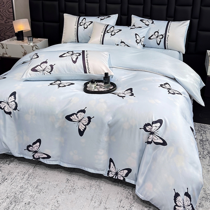 91家纺网 家纺一手货源 找家纺 奥汀洛家纺 2026新款轻奢数码印花冰丝四件套 彩蝶天蓝