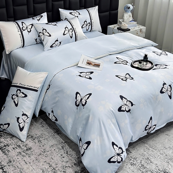 91家纺网 家纺一手货源 找家纺 奥汀洛家纺 2026新款轻奢数码印花冰丝四件套 彩蝶天蓝