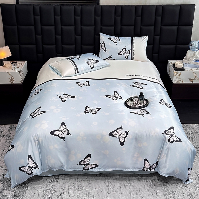 91家纺网 家纺一手货源 找家纺 奥汀洛家纺 2026新款轻奢数码印花冰丝四件套 彩蝶天蓝