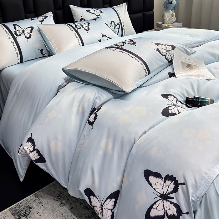 91家纺网 家纺一手货源 找家纺 奥汀洛家纺 2026新款轻奢数码印花冰丝四件套 彩蝶天蓝