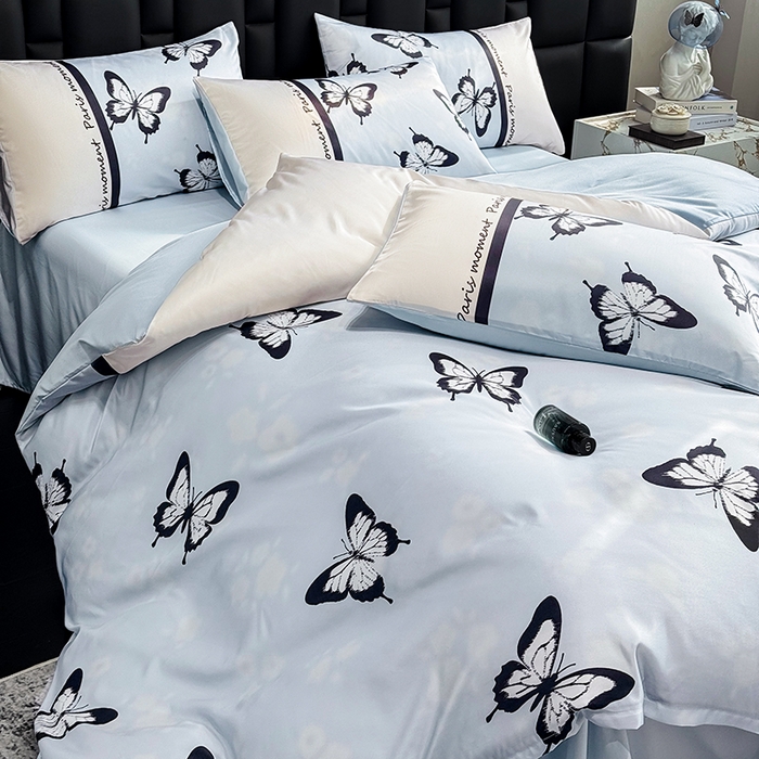 91家纺网 家纺一手货源 找家纺 奥汀洛家纺 2026新款轻奢数码印花冰丝四件套 彩蝶天蓝