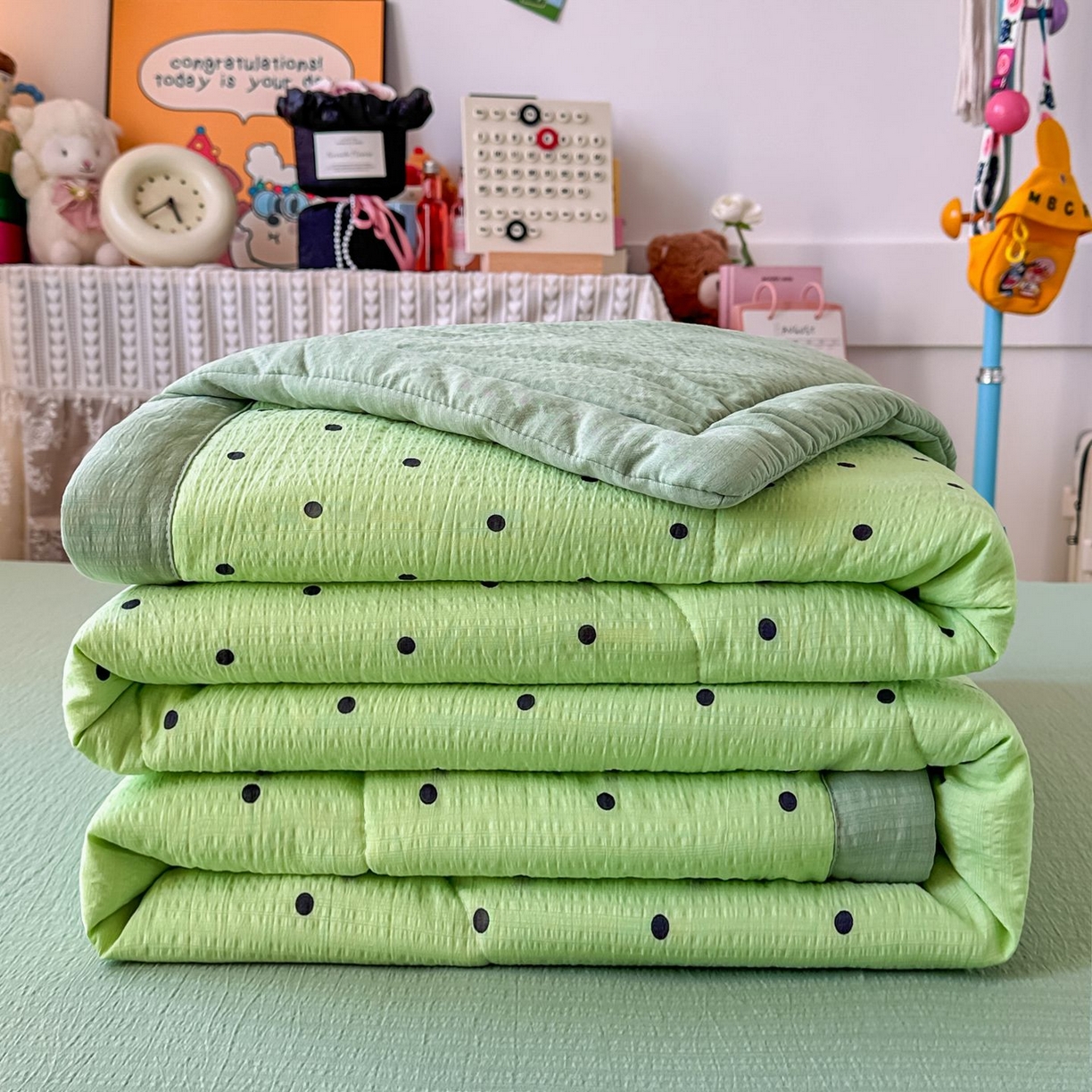 91家纺网 家纺一手货源 找家纺 卡斯诺家纺馆 2026新款皱皱棉双层纱夏被四件套下载文件包含买家秀 波点生活-绿