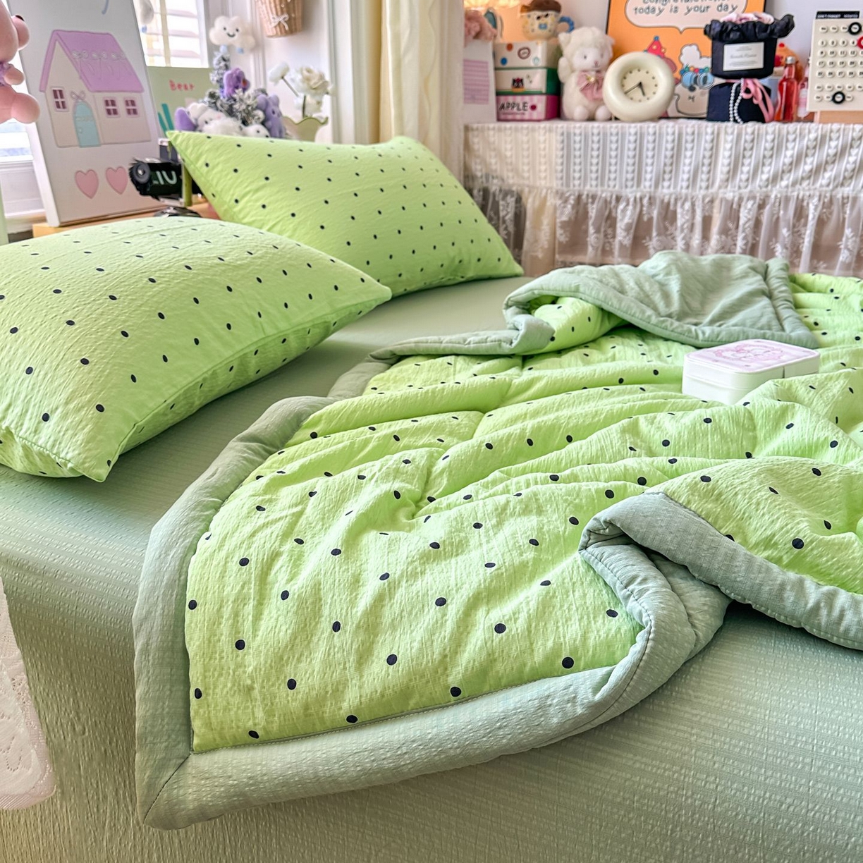 91家纺网 家纺一手货源 找家纺 卡斯诺家纺馆 2026新款皱皱棉双层纱夏被四件套下载文件包含买家秀 波点生活-绿