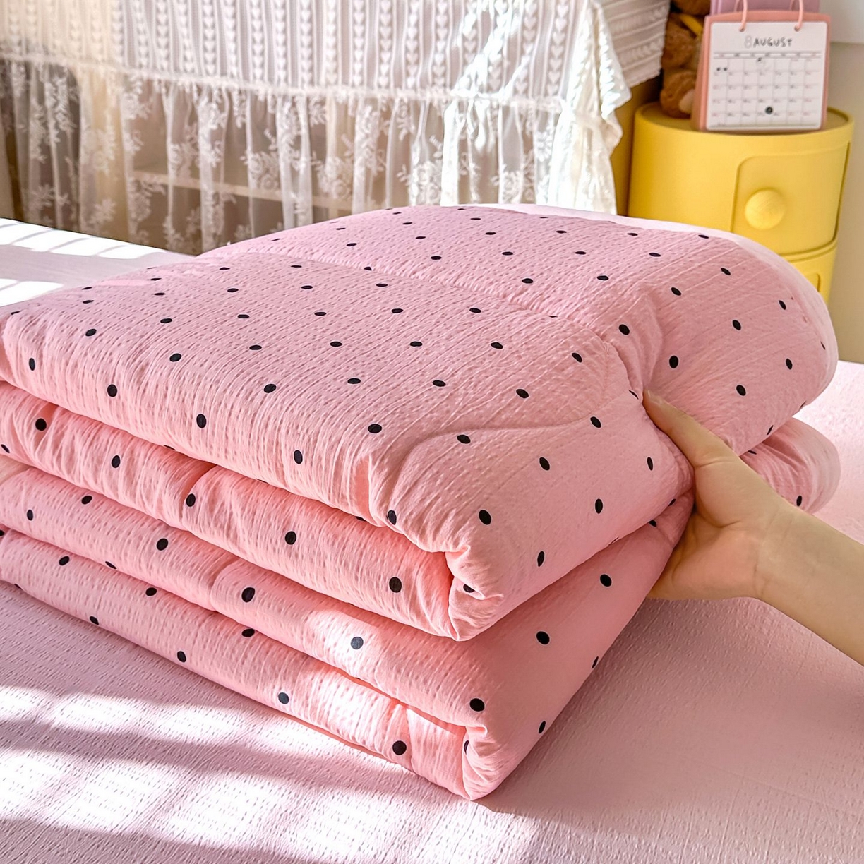 91家纺网 家纺一手货源 找家纺 卡斯诺家纺馆 2026新款皱皱棉双层纱夏被四件套下载文件包含买家秀 波点生活-粉