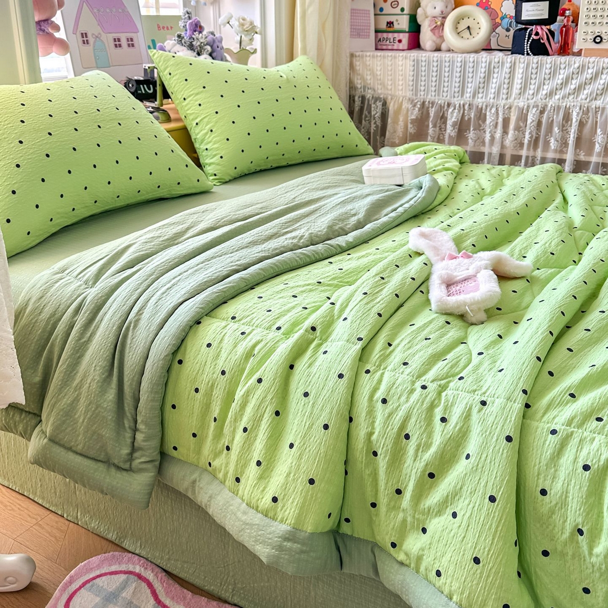 91家纺网 家纺一手货源 找家纺 卡斯诺家纺馆 2026新款皱皱棉双层纱夏被四件套下载文件包含买家秀 波点生活-绿