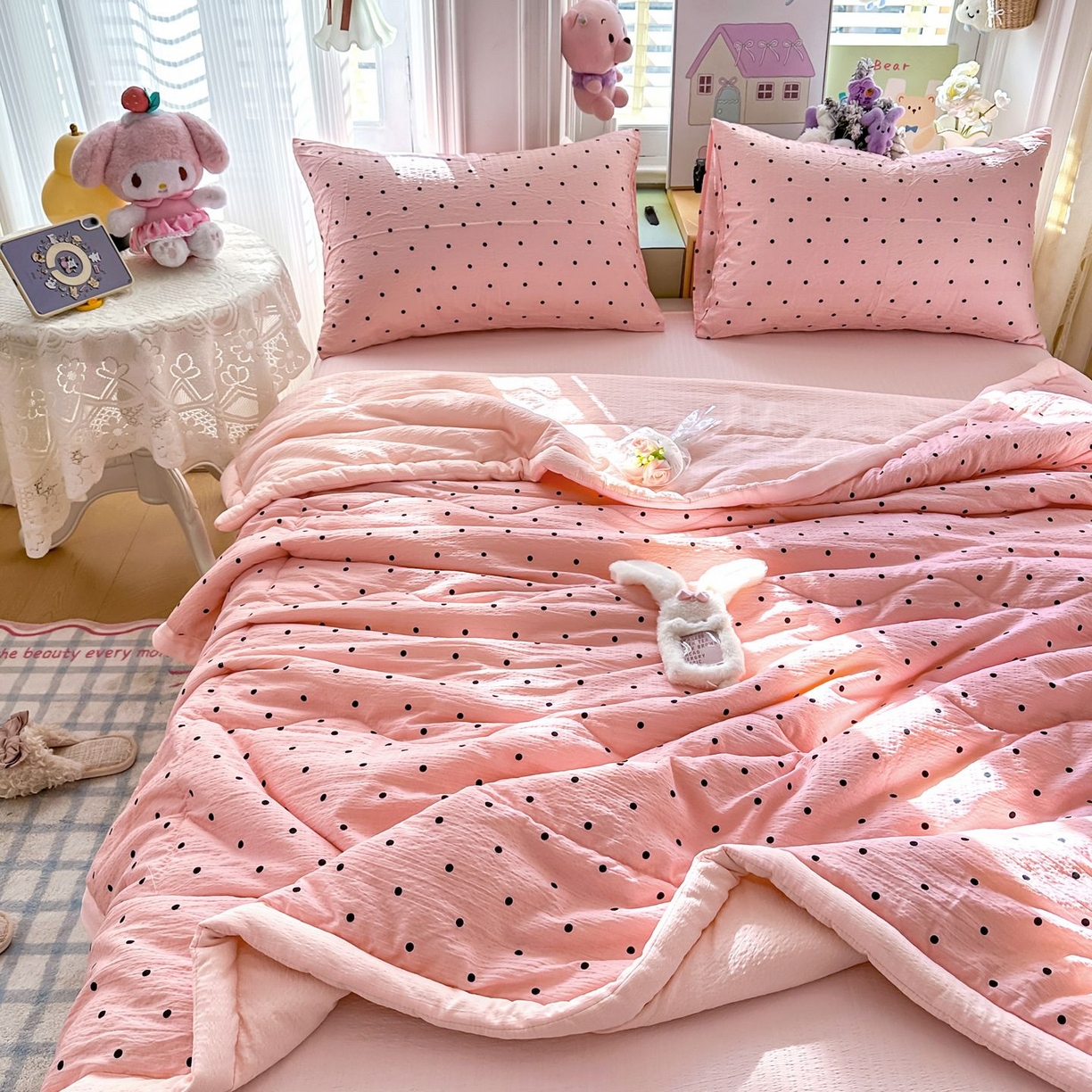 91家纺网 家纺一手货源 找家纺 卡斯诺家纺馆 2026新款皱皱棉双层纱夏被四件套下载文件包含买家秀 波点生活-粉