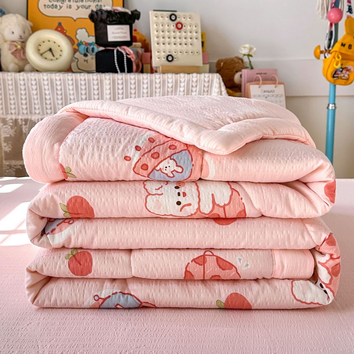 91家纺网 家纺一手货源 找家纺 卡斯诺家纺馆 2026新款皱皱棉双层纱夏被四件套下载文件包含买家秀 蜜桃粉兔