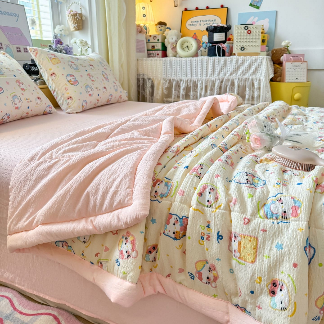 91家纺网 家纺一手货源 找家纺 卡斯诺家纺馆 2026新款皱皱棉双层纱夏被四件套下载文件包含买家秀 泡芙猫咪