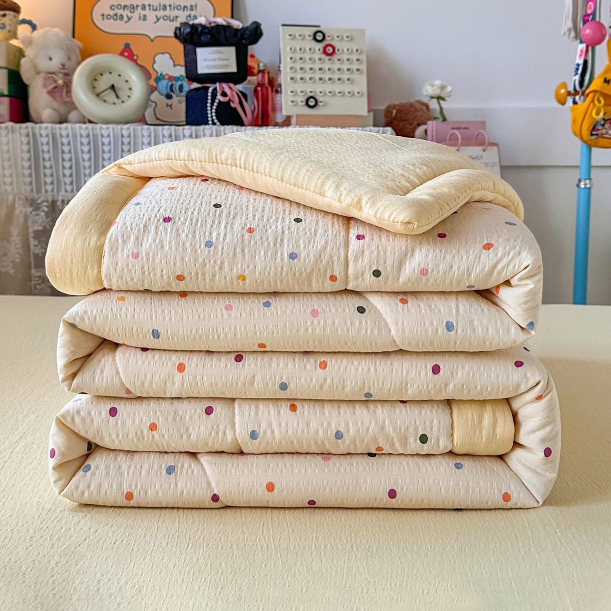 91家纺网 家纺一手货源 找家纺 卡斯诺家纺馆 2026新款皱皱棉双层纱夏被四件套下载文件包含买家秀 奶油波点