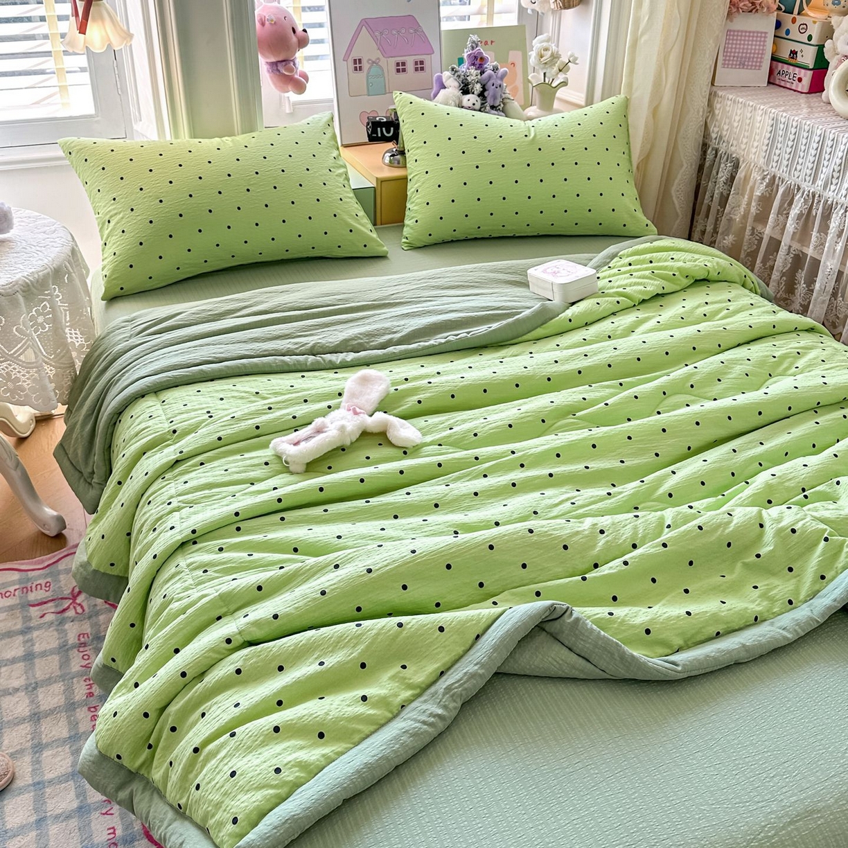 91家纺网 家纺一手货源 找家纺 卡斯诺家纺馆 2026新款皱皱棉双层纱夏被四件套下载文件包含买家秀 波点生活-绿