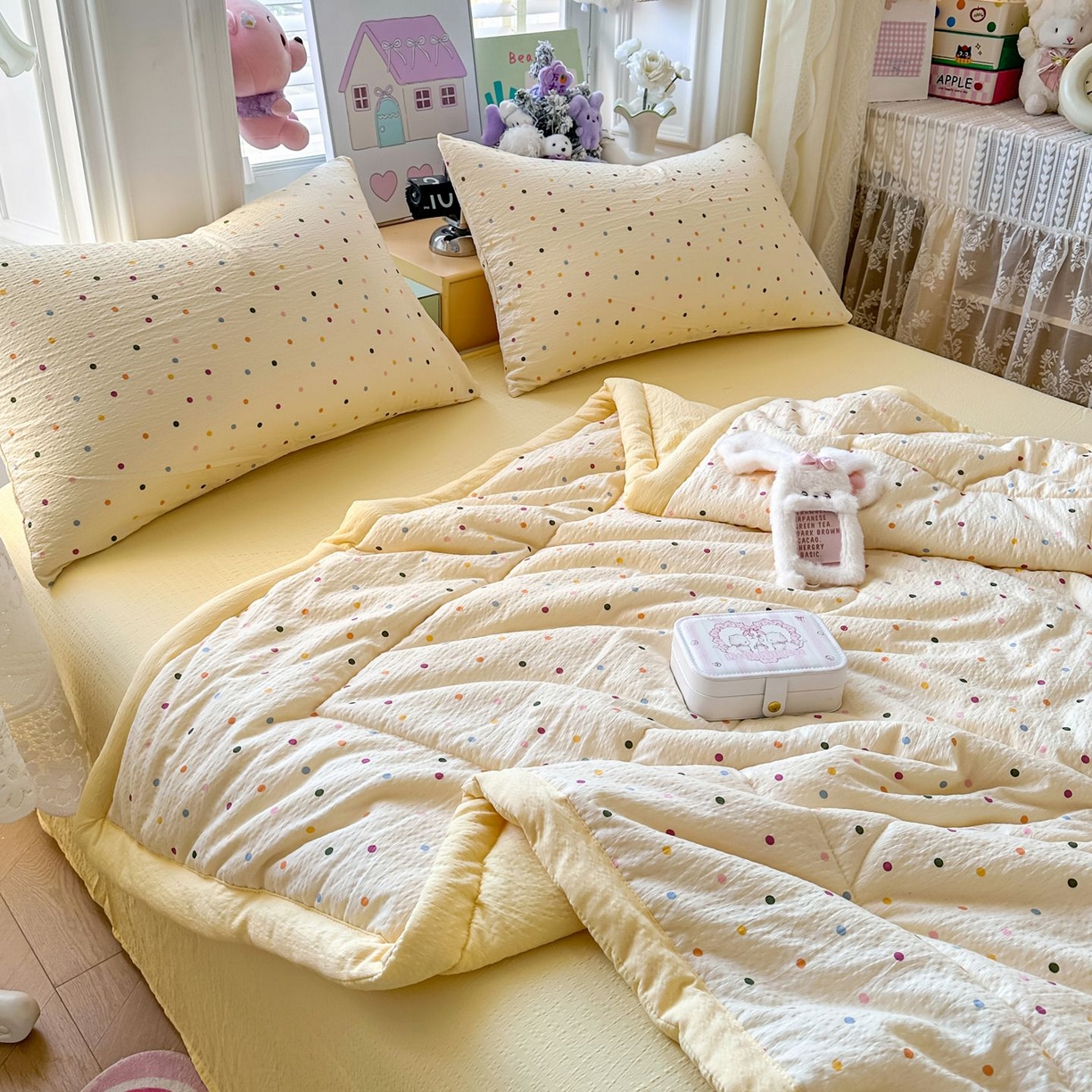 91家纺网 家纺一手货源 找家纺 卡斯诺家纺馆 2026新款皱皱棉双层纱夏被四件套下载文件包含买家秀 奶油波点