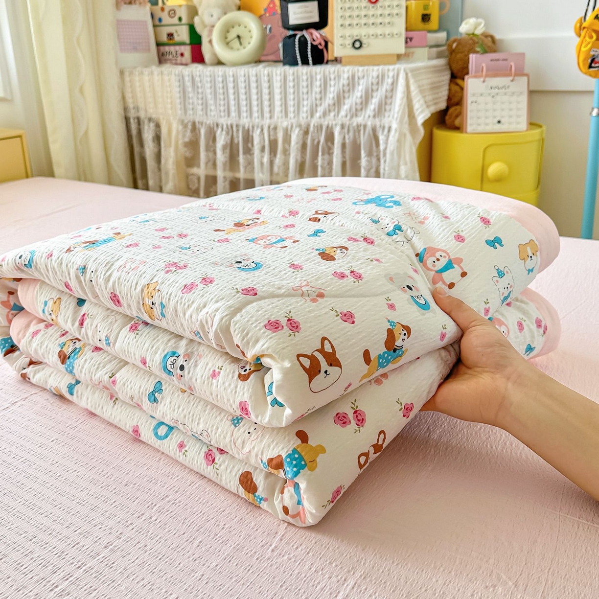 91家纺网 家纺一手货源 找家纺 卡斯诺家纺馆 2026新款皱皱棉双层纱夏被四件套下载文件包含买家秀 萌趣花梦