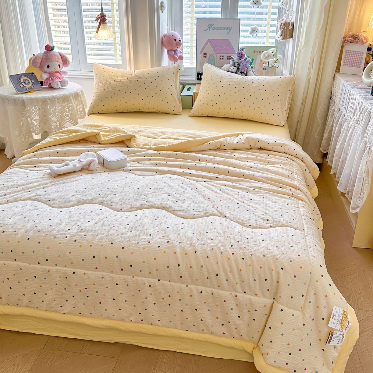 91家纺网 家纺一手货源 找家纺 卡斯诺家纺馆 2026新款皱皱棉双层纱夏被四件套下载文件包含买家秀 奶油波点