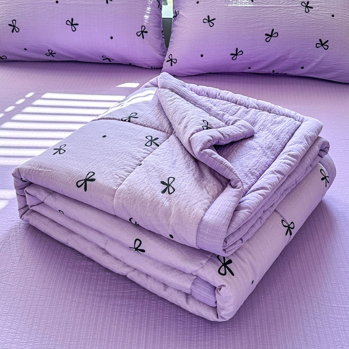 91家纺网 家纺一手货源 找家纺 卡斯诺家纺馆 2026新款皱皱棉双层纱夏被四件套下载文件包含买家秀 紫苏