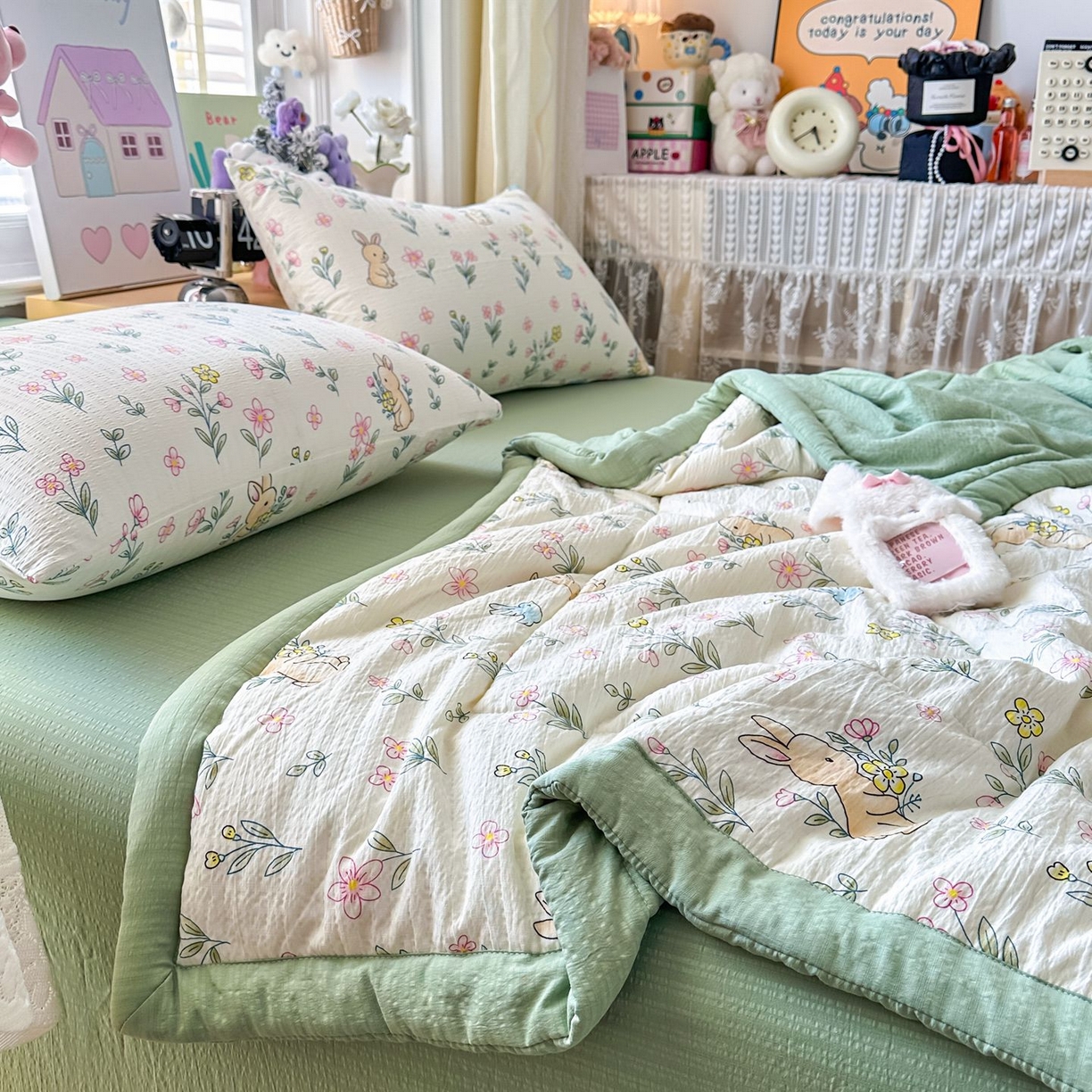 91家纺网 家纺一手货源 找家纺 卡斯诺家纺馆 2026新款皱皱棉双层纱夏被四件套下载文件包含买家秀 花园小兔