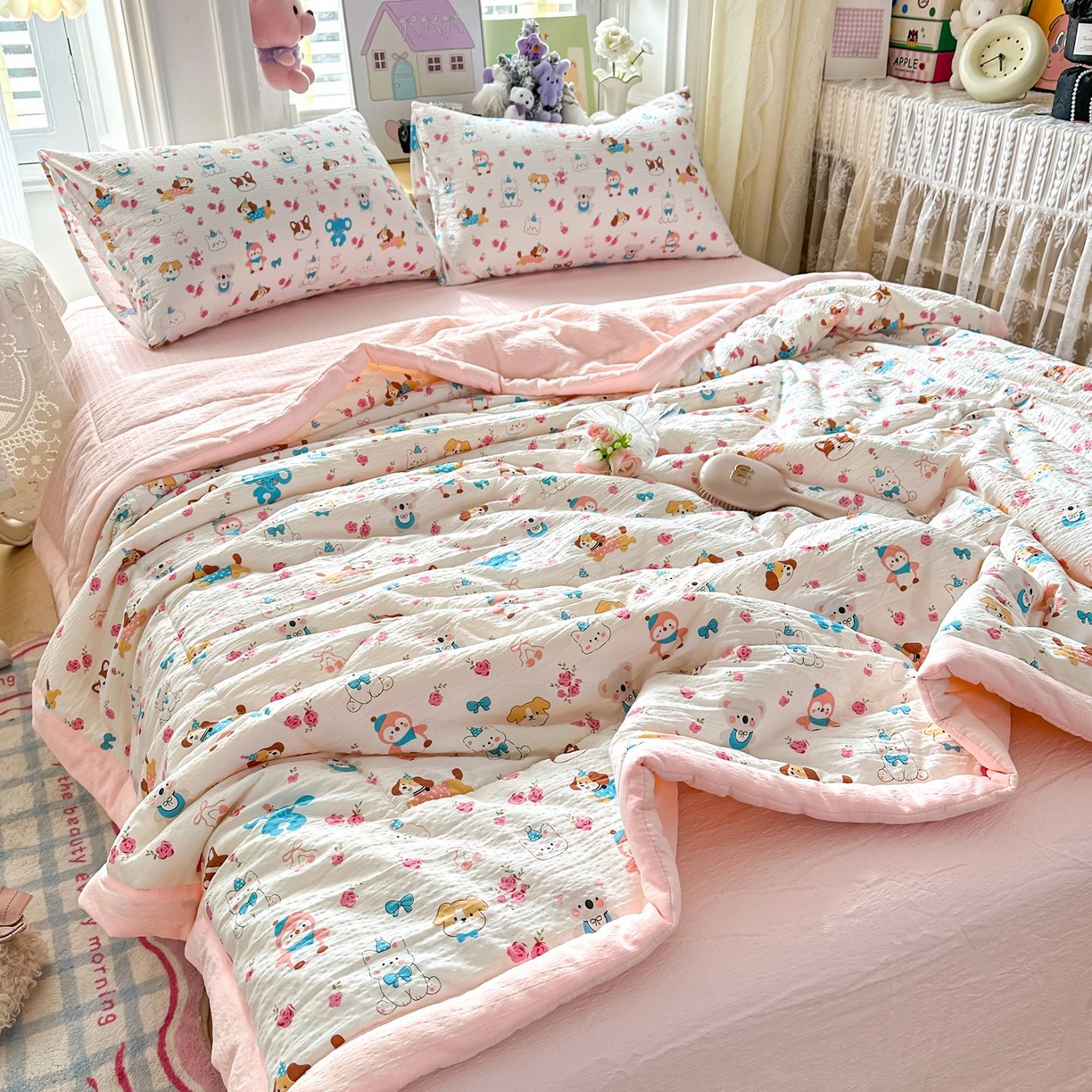 91家纺网 家纺一手货源 找家纺 卡斯诺家纺馆 2026新款皱皱棉双层纱夏被四件套下载文件包含买家秀 萌趣花梦