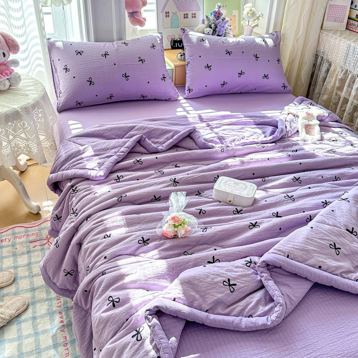 91家纺网 家纺一手货源 找家纺 卡斯诺家纺馆 2026新款皱皱棉双层纱夏被四件套下载文件包含买家秀 紫苏