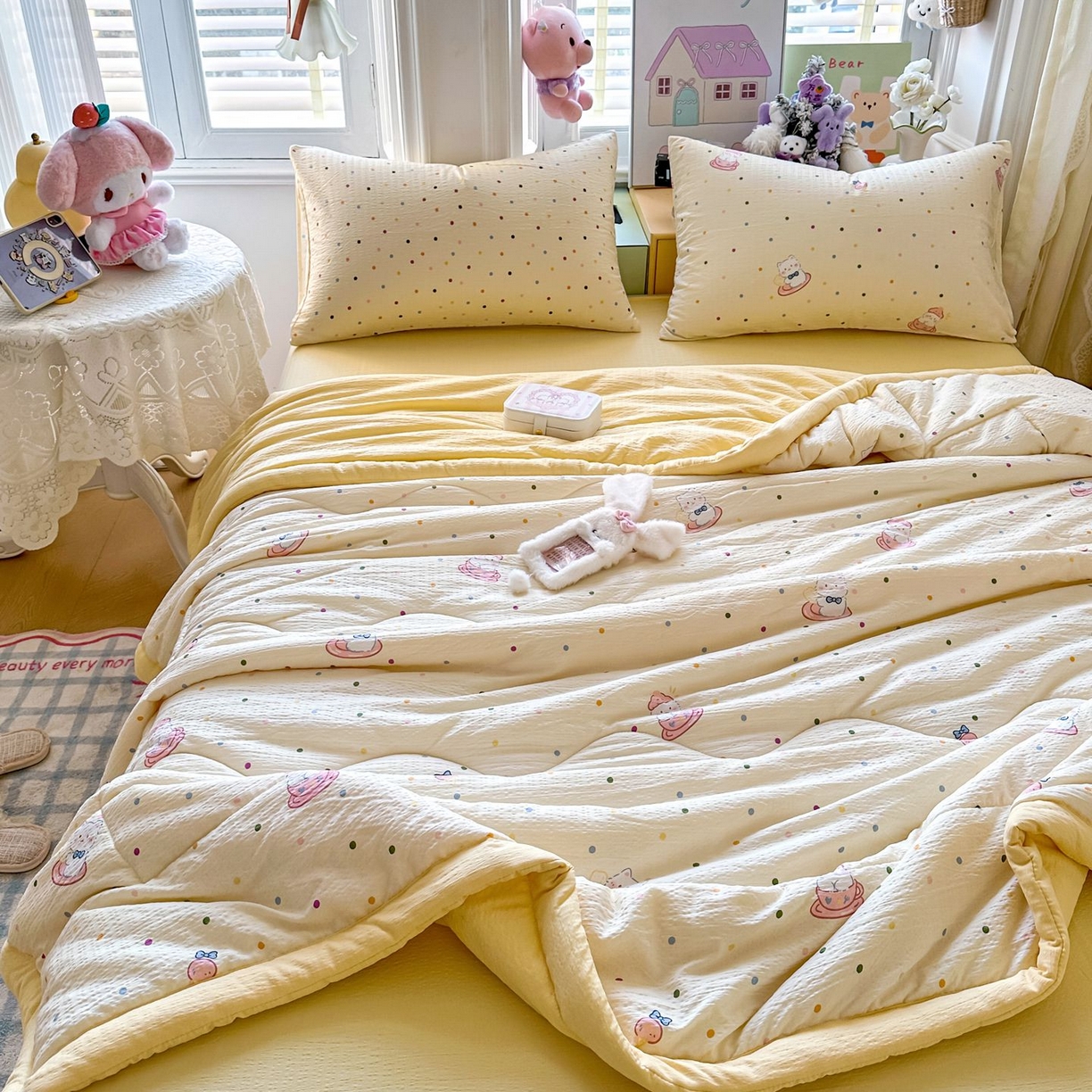 91家纺网 家纺一手货源 找家纺 卡斯诺家纺馆 2026新款皱皱棉双层纱夏被四件套下载文件包含买家秀 奶油猫