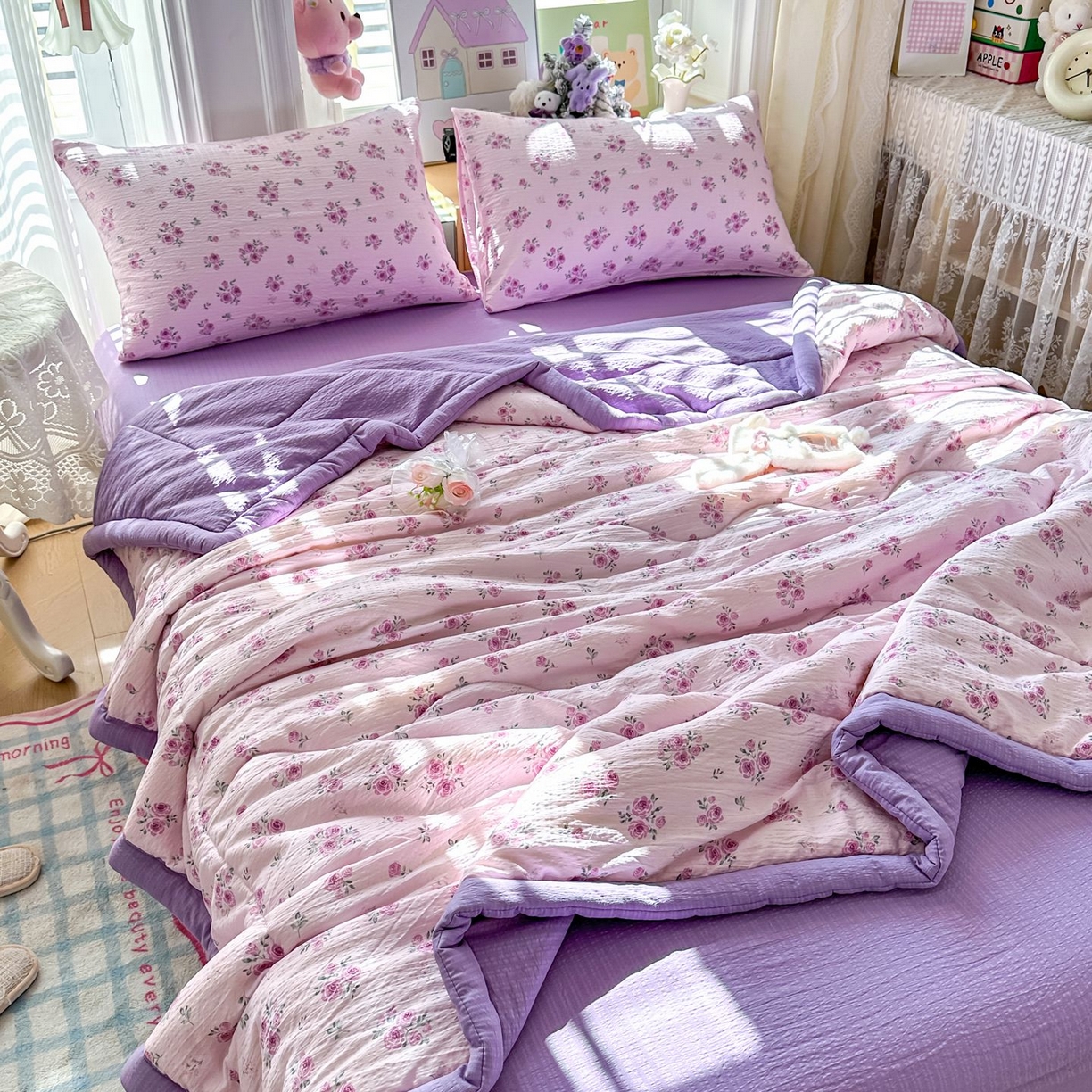 91家纺网 家纺一手货源 找家纺 卡斯诺家纺馆 2026新款皱皱棉双层纱夏被四件套下载文件包含买家秀 午后甜梦