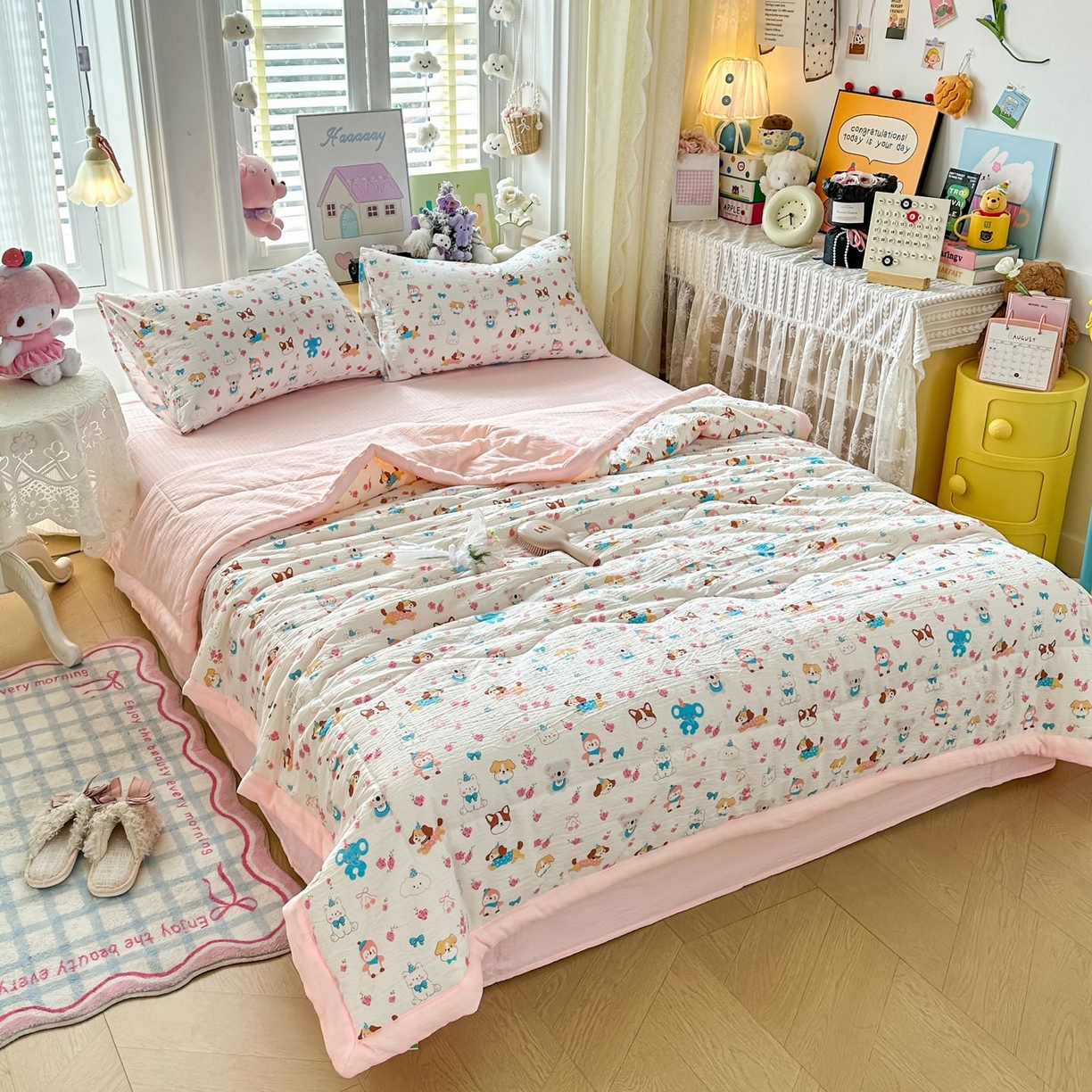 91家纺网 家纺一手货源 找家纺 卡斯诺家纺馆 2026新款皱皱棉双层纱夏被四件套下载文件包含买家秀 萌趣花梦