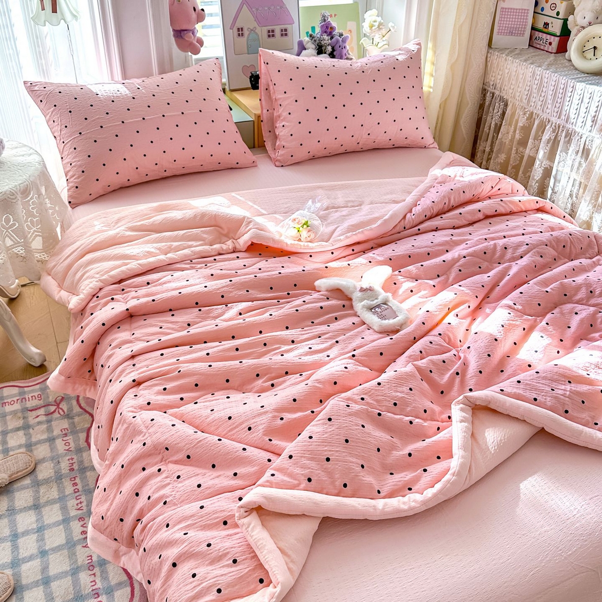 91家纺网 家纺一手货源 找家纺 卡斯诺家纺馆 2026新款皱皱棉双层纱夏被四件套下载文件包含买家秀 波点生活-粉