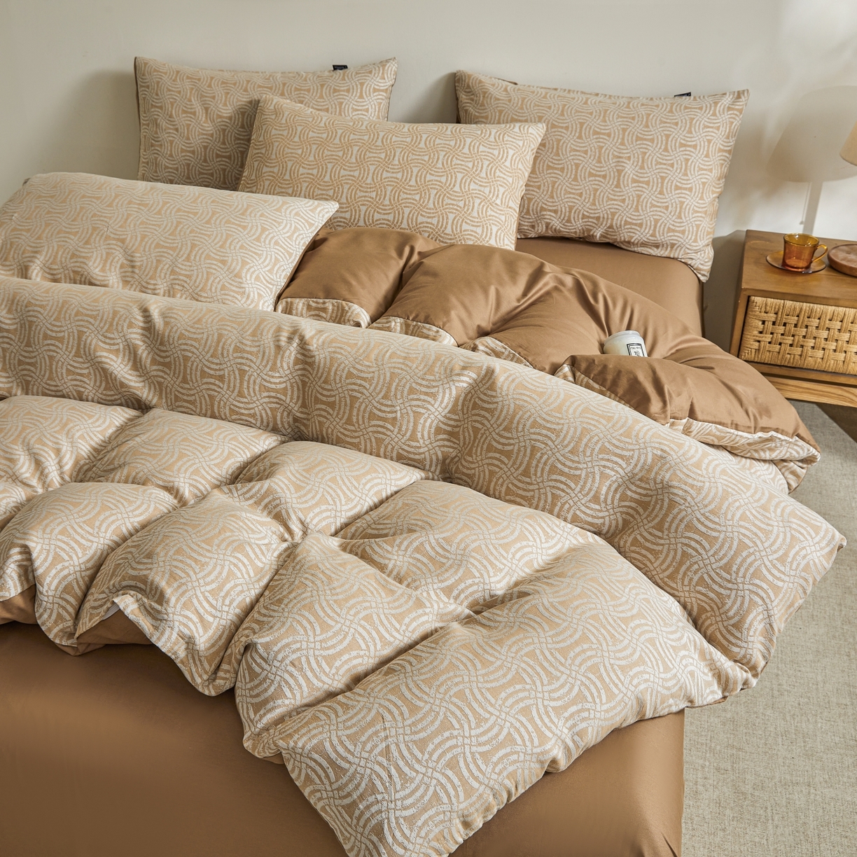 91家纺网 家纺一手货源 找家纺 乐家毛巾被（工厂自产自销） 2026新款40s全棉纯棉色织提花四件套 晨格间奏